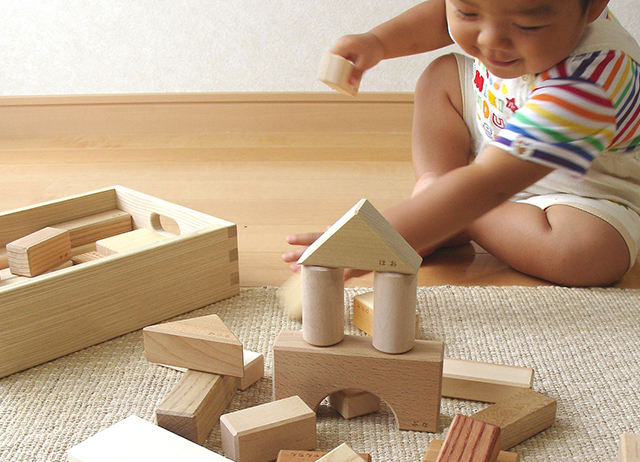 12種類以上の日本の木を使用している積木 寄木の積み木 木箱入り