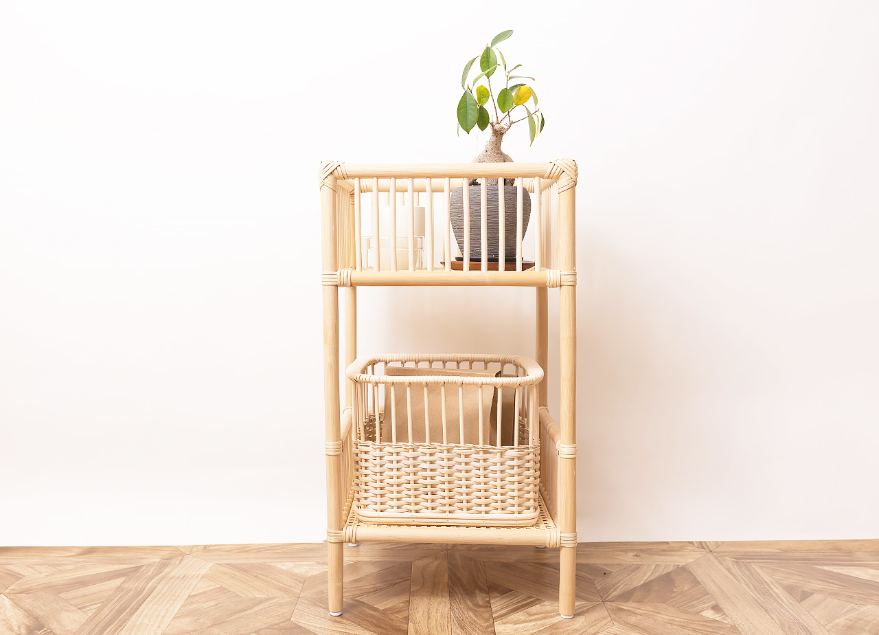 日本製 籐のランドリーラック カゴ付き|ラタン 脱衣かご| 2段 3段