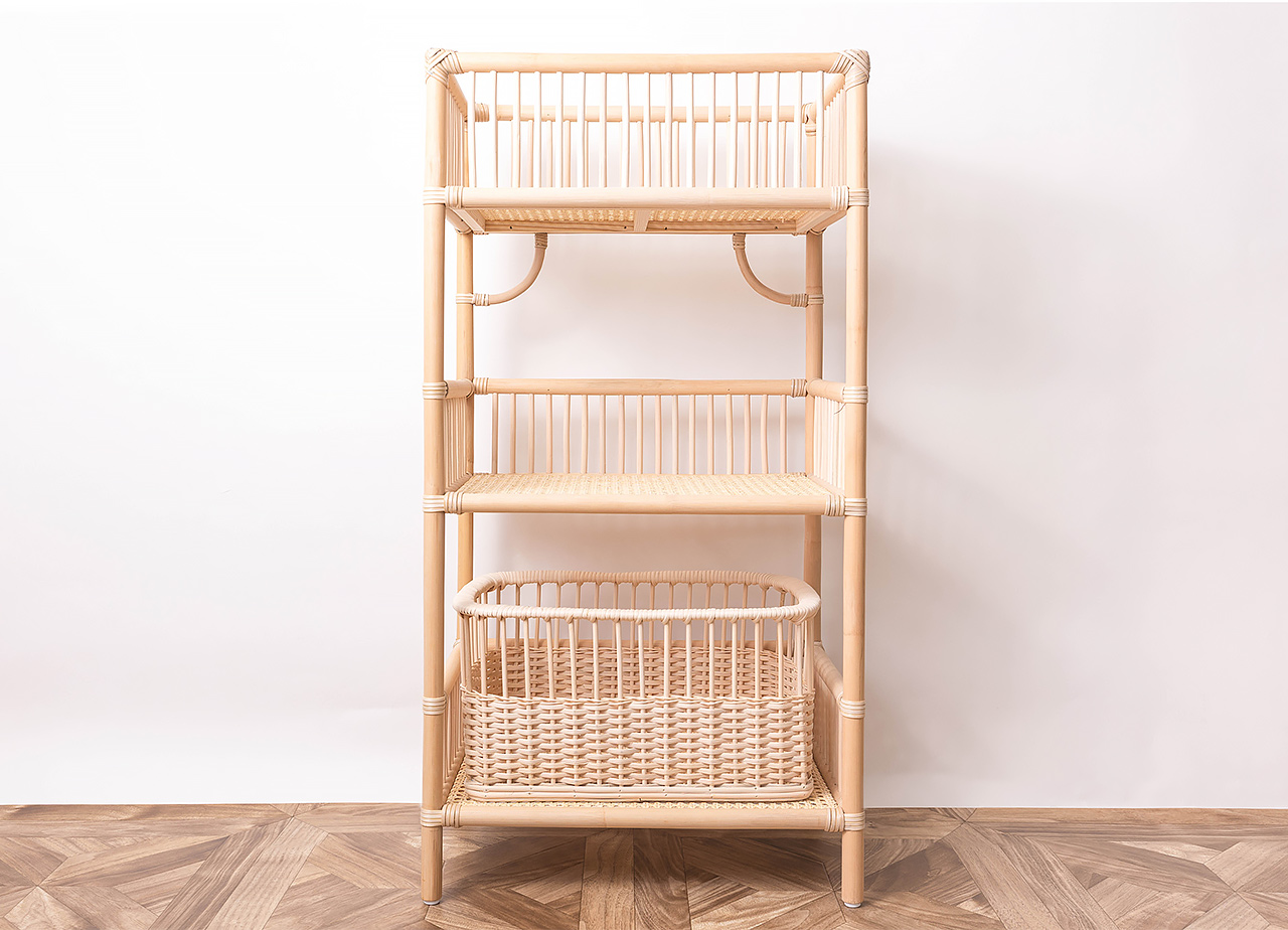 日本製 籐のランドリーラック カゴ付き|ラタン 脱衣かご| 2段 3段