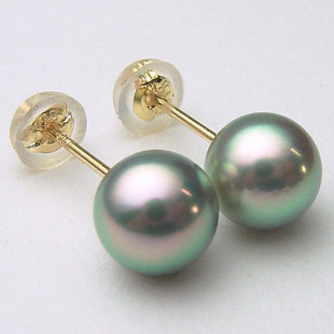 K18/K14WGアコヤ真珠ピアス(グリーン、グレー系)(SVイヤリング、チャーム)【6.5mm-7mm】ewn-5850【メール便送料無料】(あこや本真珠 アコヤ本真珠 あこや真珠　黒真珠 和珠 パールピアス 本真珠 パール 直結 18金 )