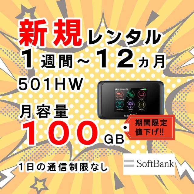 新規レンタル注文 月容量100GB ソフトバンク 501HW ポケットWiFi Softbank