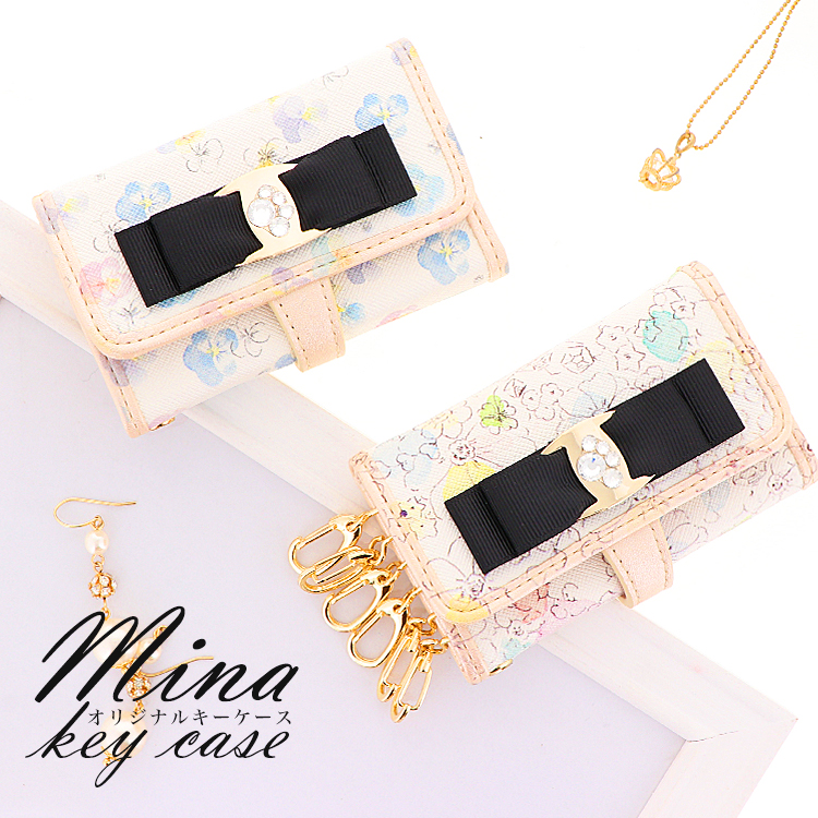 パンジー 花柄 リボン パール キーケース 6連キーリング カードポケット