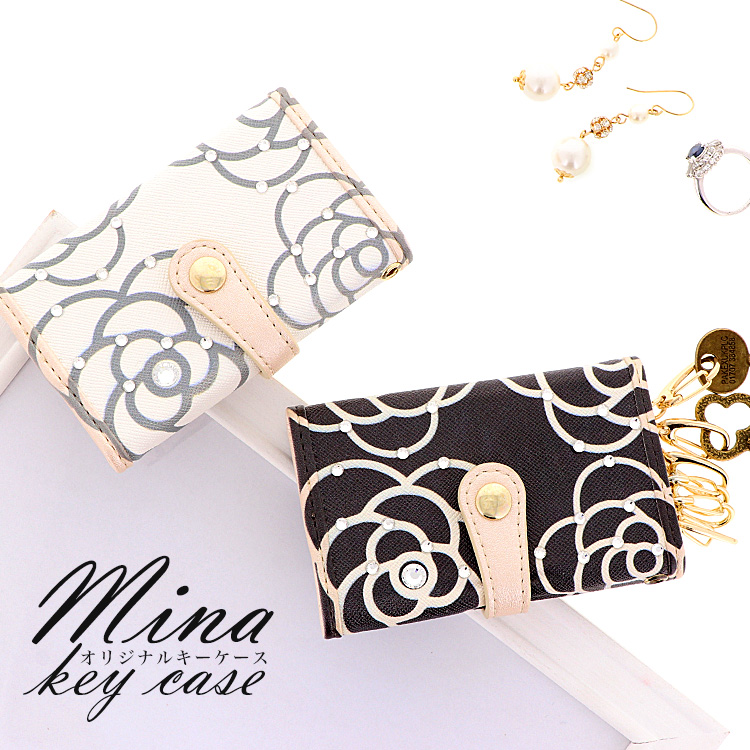 カメリア 花柄 キーケース 6連キーリング カードポケット