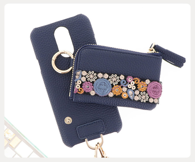 スマホケース ハードケース ハードカバー ショルダーケース 背面収納 マルチポケット カード収納 カード入れ 小銭入れ インド刺繍リボン