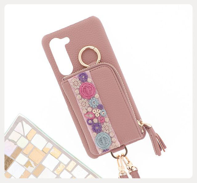 スマホケース ハードケース ハードカバー ショルダーケース 背面収納 マルチポケット カード収納 カード入れ 小銭入れ インド刺繍リボン