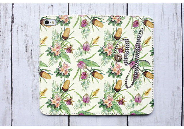 スマホケース 手帳型 カバー 手帳型ケース ベルトなし リーフ イニシャル アルファベット