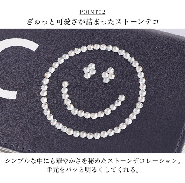 スマホケース 手帳型 カバー 手帳型ケース ベルトなし ニコちゃん スマイル キラキラ ラインストーン デコ