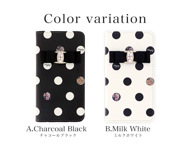 スマホケース 手帳型 カバー 手帳型ケース ベルトなし ドット柄 花柄 リボン パール