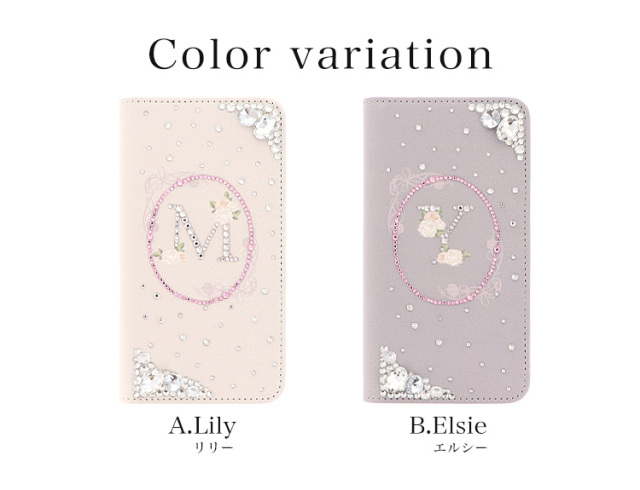スマホケース 手帳型 カバー 手帳型ケース ベルトなし 花柄 イニシャル 名入れ 名入り シンプル クリスタル