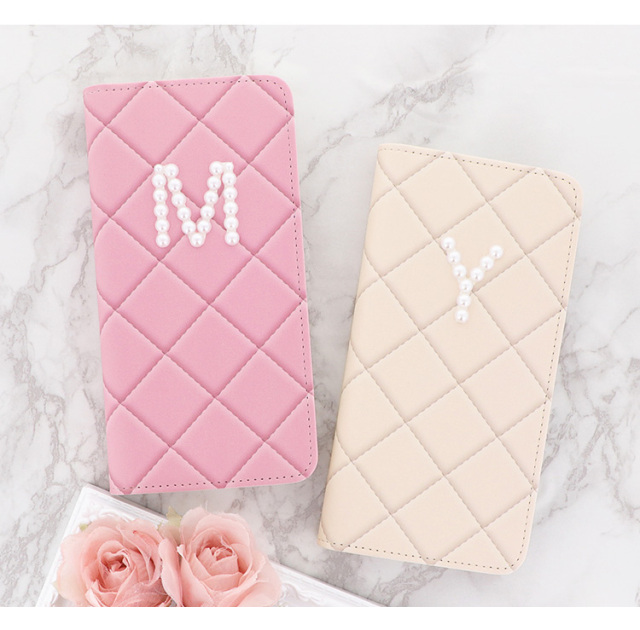 スマホケース 手帳型 カバー 手帳型ケース ベルトなし キルティング風 パール イニシャル