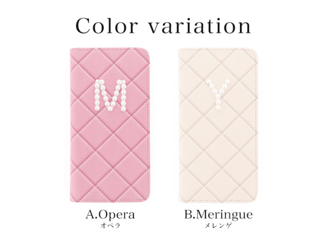 スマホケース 手帳型 カバー 手帳型ケース ベルトなし キルティング風 パール イニシャル