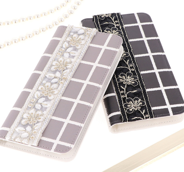 スマホケース 手帳型 カバー 手帳型ケース ベルトなし 刺繍 チェック柄 グラフチェック 格子