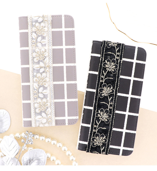 スマホケース 手帳型 カバー 手帳型ケース ベルトなし 刺繍 チェック柄 グラフチェック 格子