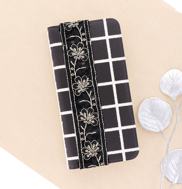 スマホケース 手帳型 カバー 手帳型ケース ベルトなし 刺繍 チェック柄 グラフチェック 格子