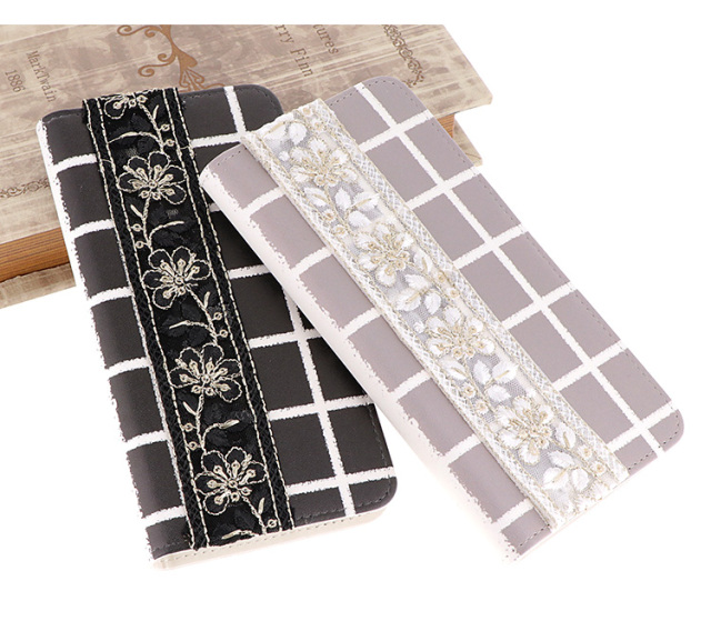 スマホケース 手帳型 カバー 手帳型ケース ベルトなし 刺繍 チェック柄 グラフチェック 格子