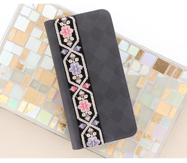 スマホケース 手帳型 カバー 手帳型ケース ベルトなし ダマスク模様 インド刺繍リボン