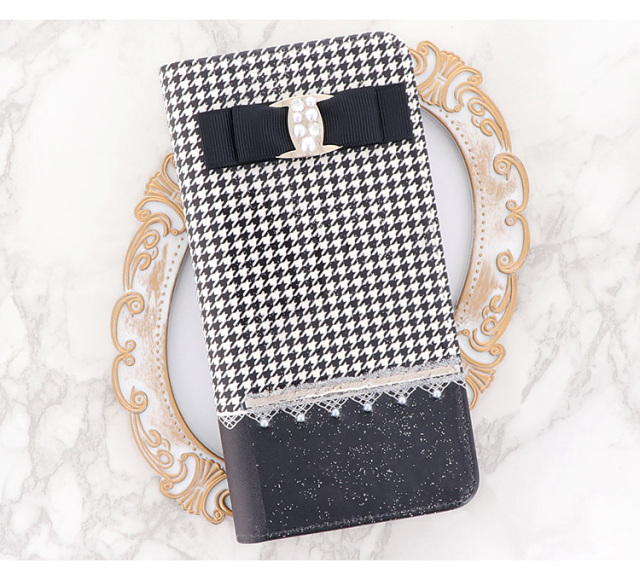 スマホケース 手帳型 カバー 手帳型ケース ベルトなし リボン パール ストーン キラキラ 千鳥格子