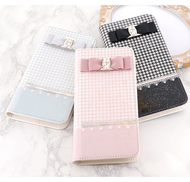スマホケース 手帳型 カバー 手帳型ケース ベルトなし リボン パール ストーン キラキラ 千鳥格子