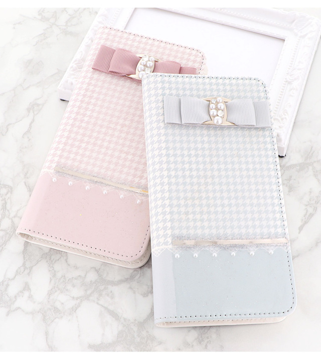 スマホケース 手帳型 カバー 手帳型ケース ベルトなし リボン パール ストーン キラキラ 千鳥格子