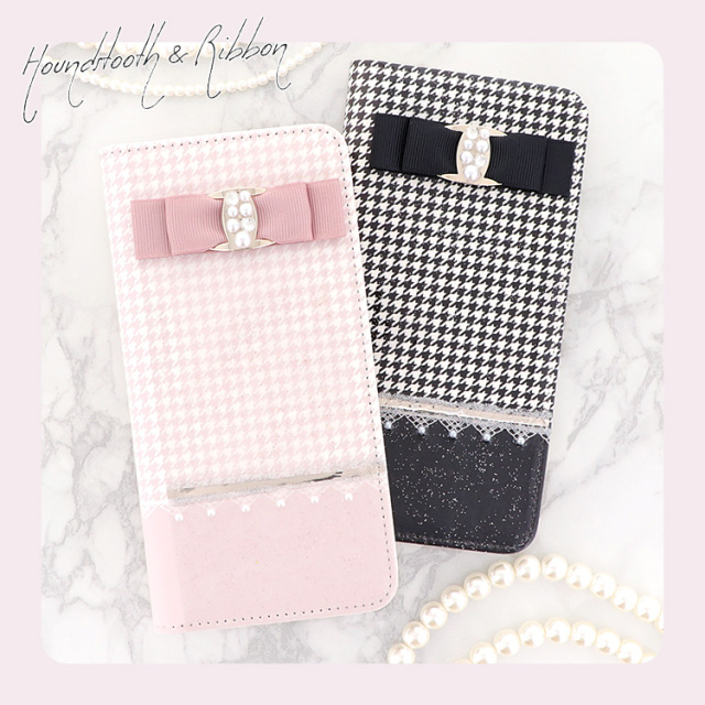 スマホケース 手帳型 カバー 手帳型ケース ベルトなし リボン パール ストーン キラキラ 千鳥格子