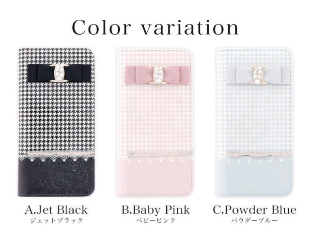 スマホケース 手帳型 カバー 手帳型ケース ベルトなし リボン パール ストーン キラキラ 千鳥格子