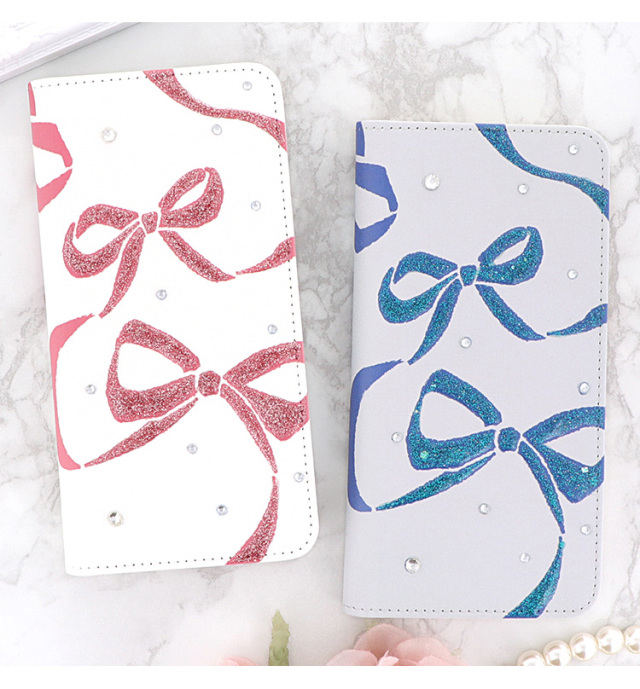 スマホケース 手帳型 カバー 手帳型ケース ベルトなし リボン ストーン デコ キラキラ