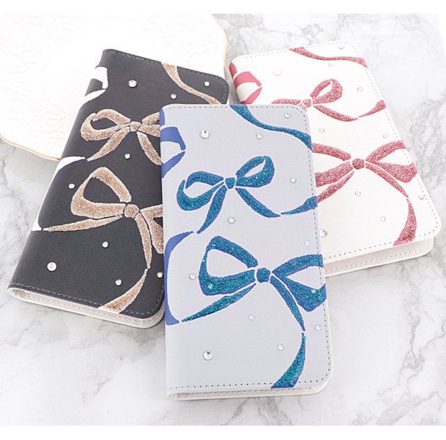 スマホケース 手帳型 カバー 手帳型ケース ベルトなし リボン ストーン デコ キラキラ