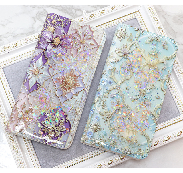 スマホケース 手帳型 カバー 手帳型ケース ベルトなし 花柄 バタフライ 蝶 ホログラム