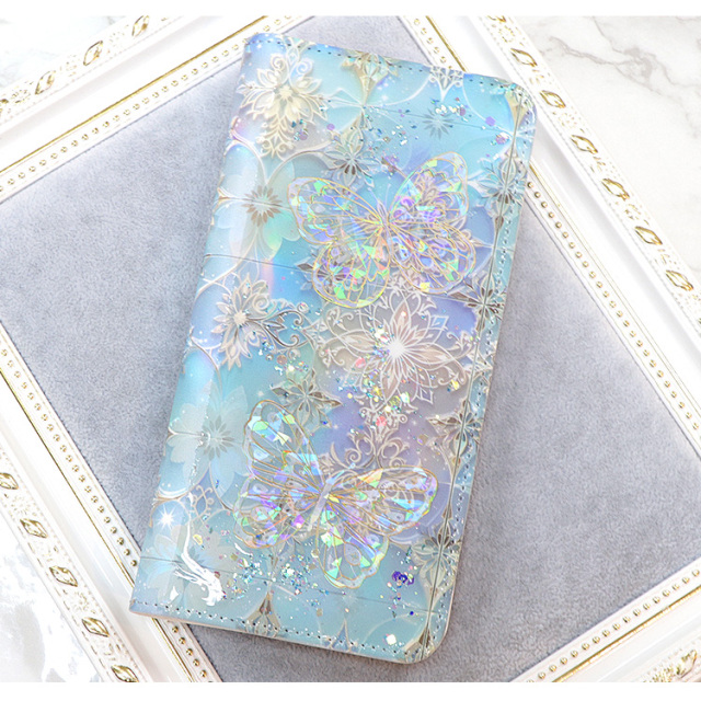 スマホケース 手帳型 カバー 手帳型ケース ベルトなし 花柄 バタフライ 蝶 ホログラム