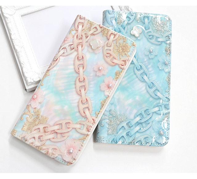 スマホケース 手帳型 カバー 手帳型ケース ベルトなし 花柄 チェーン パール デコ