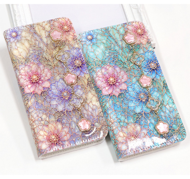 スマホケース 手帳型 カバー 手帳型ケース ベルトなし キラキラ ラメ チャーム 花柄 ステンドグラス 風