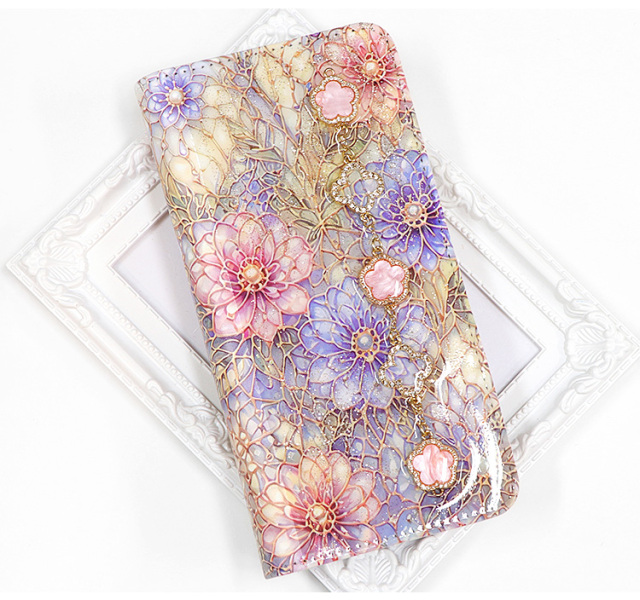 スマホケース 手帳型 カバー 手帳型ケース ベルトなし キラキラ ラメ チャーム 花柄 ステンドグラス 風