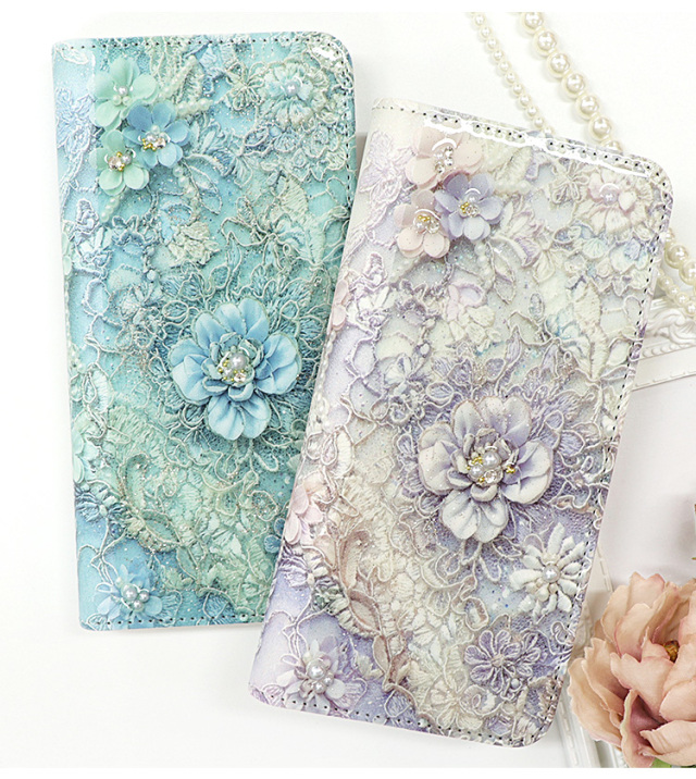 スマホケース 手帳型 カバー 手帳型ケース ベルトなし 花柄 レース 刺繍 風 コサージュ エレガント