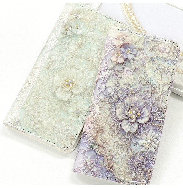 スマホケース 手帳型 カバー 手帳型ケース ベルトなし 花柄 レース 刺繍 風 コサージュ エレガント