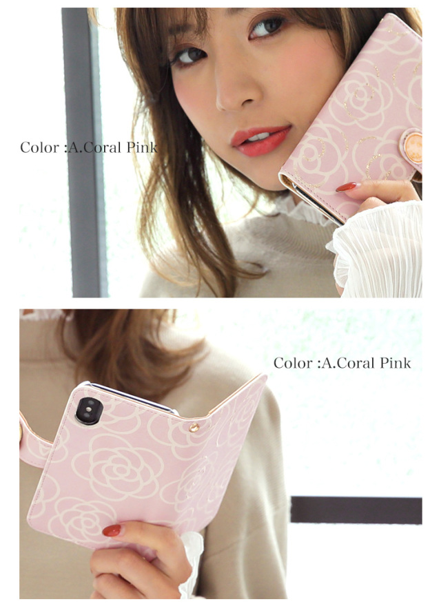 スマホケース 手帳型 カバー 手帳型ケース 花柄 バラ ゴールド ラメ パール カメリア