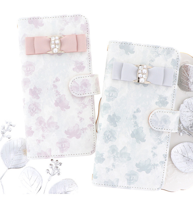 スマホケース 手帳型 カバー 手帳型ケース リボン 花柄 パール クリスタル 水彩画