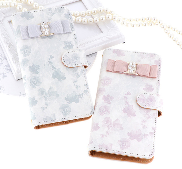 スマホケース 手帳型 カバー 手帳型ケース リボン 花柄 パール クリスタル 水彩画