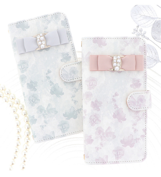 スマホケース 手帳型 カバー 手帳型ケース リボン 花柄 パール クリスタル 水彩画