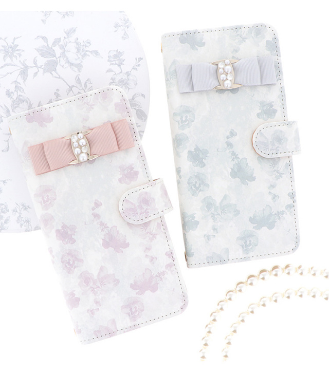 スマホケース 手帳型 カバー 手帳型ケース リボン 花柄 パール クリスタル 水彩画