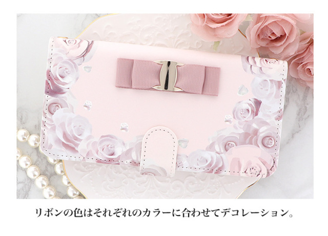 スマホケース 手帳型 カバー 手帳型ケース レース 花 春 カメリア バラ ローズ リボン