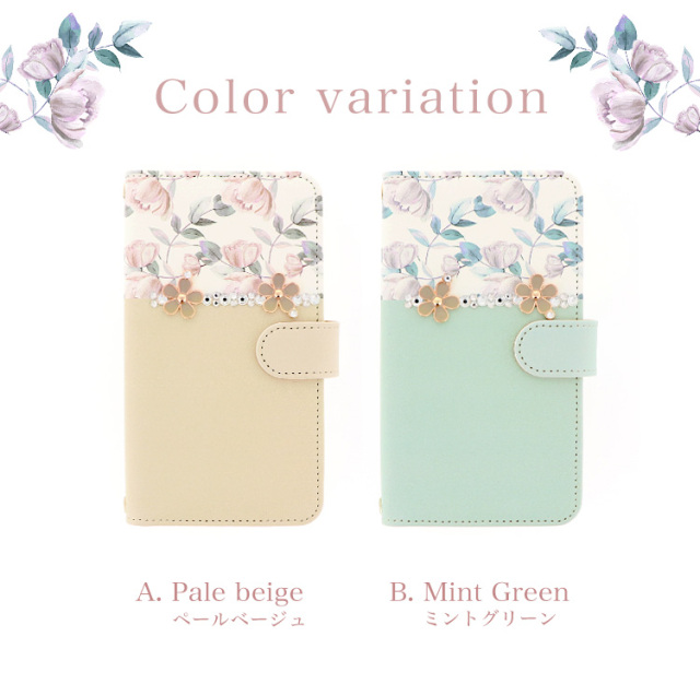 スマホケース 手帳型 カバー 手帳型ケース フラワー 花柄 クリスタル ミント ベージュ