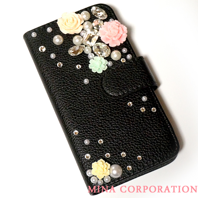 スマホケース 手帳型 カバー 手帳型ケース バラ 薔薇 フラワー 花 クリスタル パール 