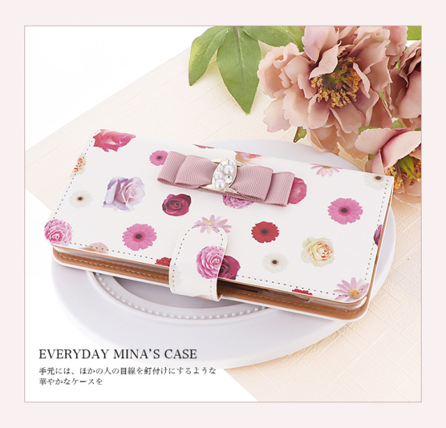 スマホケース 手帳型 カバー 手帳型ケース マーガレット 薔薇 バラ ローズ クリスタル パール 花柄 リボン