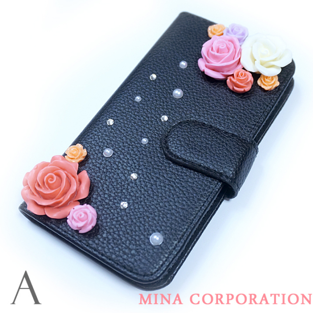 スマホケース 手帳型 カバー 手帳型ケース フラワー 花 バラ 薔薇 パール クリスタル 