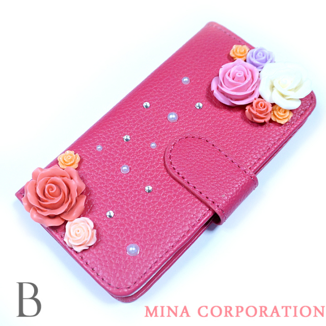 スマホケース 手帳型 カバー 手帳型ケース フラワー 花 バラ 薔薇 パール クリスタル 
