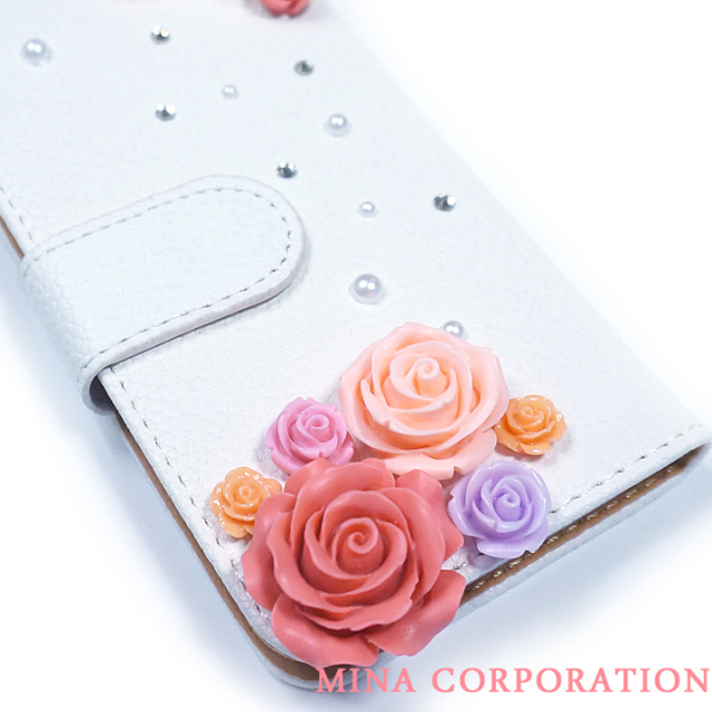 スマホケース 手帳型 カバー 手帳型ケース フラワー 花 バラ 薔薇 パール クリスタル 