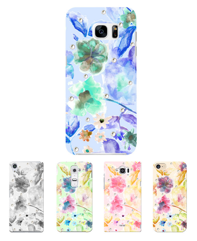 スマホケース ハードケース ハードカバー クリスタル 花 フラワー 花柄 パステル 水彩 ビジュー クリアケース 