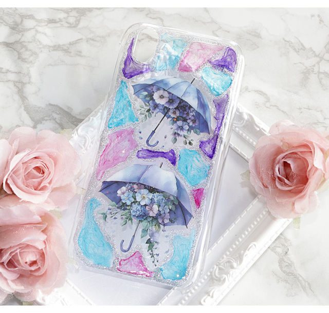 スマホケース ハードケース ハードカバー クリアケース 傘 花 ステンドグラス ラメ キラキラ グリッター