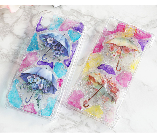 スマホケース ハードケース ハードカバー クリアケース 傘 花 ステンドグラス ラメ キラキラ グリッター