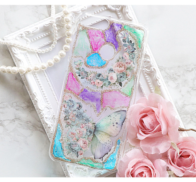 スマホケース ハードケース ハードカバー クリアケース 蝶 バタフライ 花 音符 ステンドグラス ラメ キラキラ
